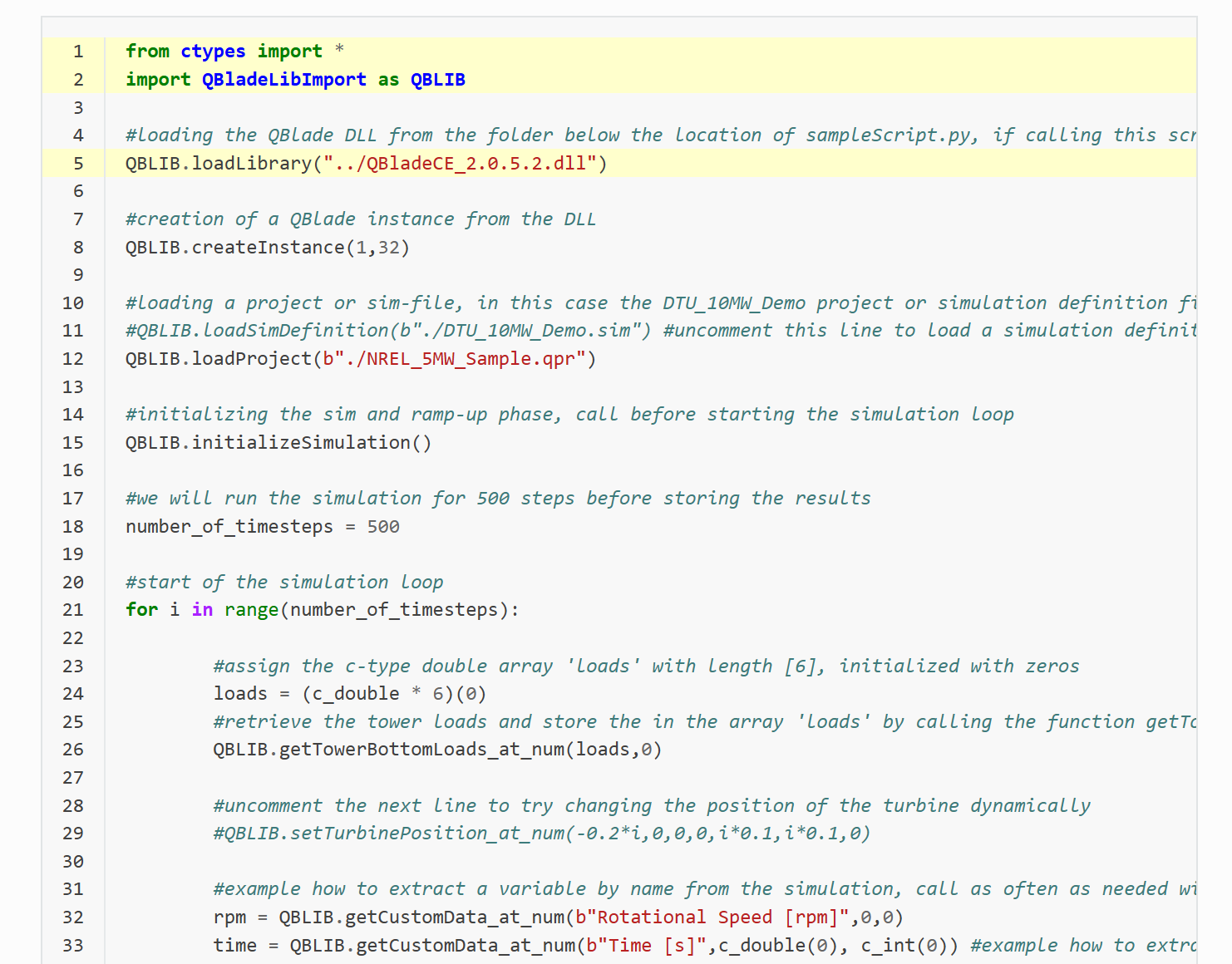 A code example showing the use of QBlade's SIL interface in python