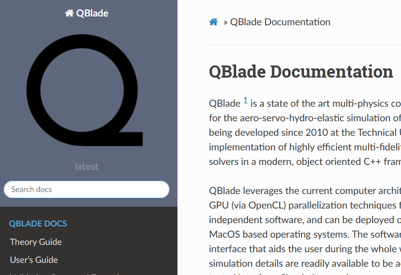 this image shows acreenshot of the QBlade documentation webpage