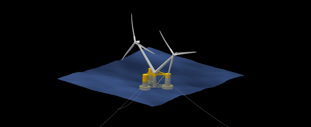 this image shows a multi rotor turbine simulation of an offshore floating wind turbine in QBlade