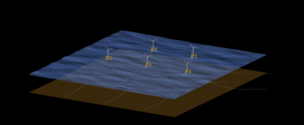 this image shows the simulation of a floating offshore wind park in QBlade