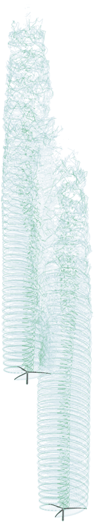 this image shows wind turbine wake interaction simulated with the free vortex wake method in QBlade