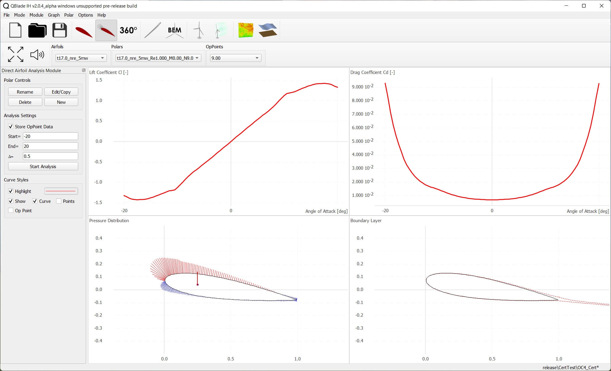 this image shows the airfoil analysis module in QBlade