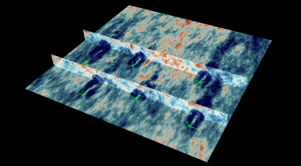 this image shows a wind farm simulation carried out in QBlade